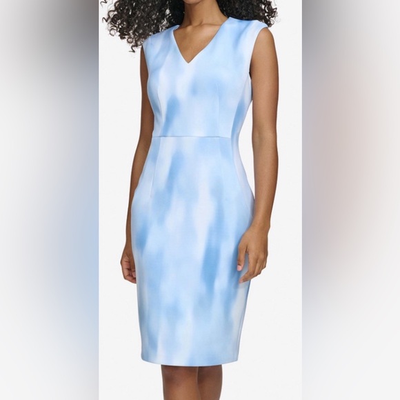 calvin klein sky blue dress Women's Printed V-Neck Sheath - Breeze Mlt the perfect transition into prom dress plus size sd-hk One shoulrder prom Size:UK S (38)